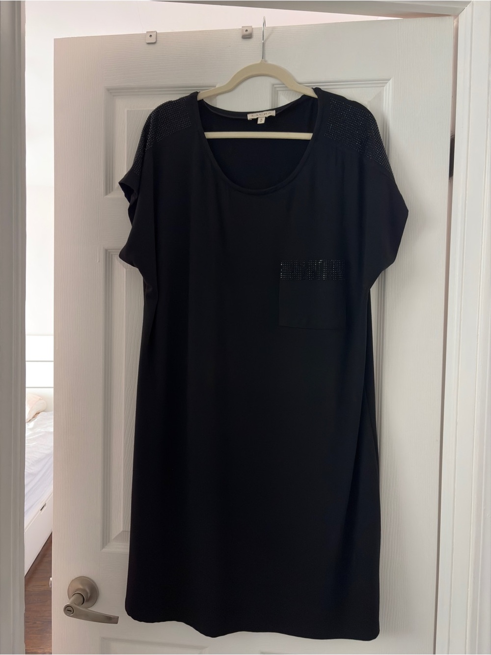 Black Midi Dress with Embellished Shoulders and Pocket
